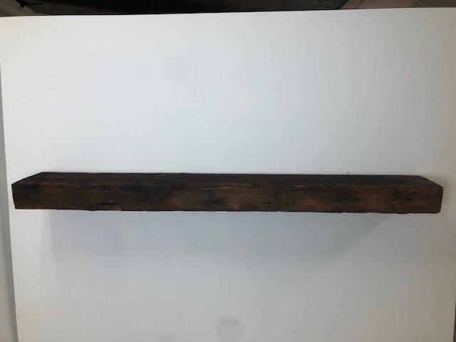 60" Reclaimed Barn Wood Fireplace Mantel Shelf - 4x8 on white wall front view 2