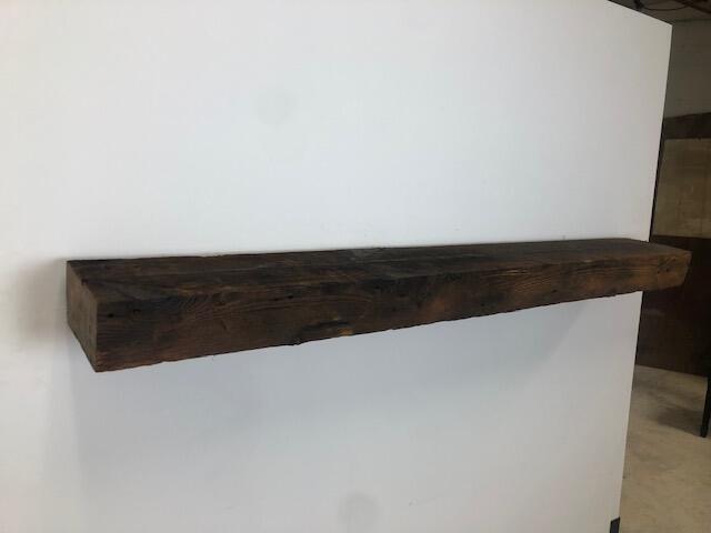 60" Reclaimed Barn Wood Fireplace Mantel Shelf - 4x8 on white wall left angle view