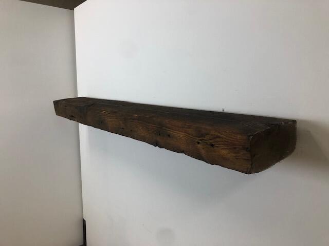 60" Reclaimed Barn Wood Fireplace Mantel Shelf - 4x8 on white wall right angle view