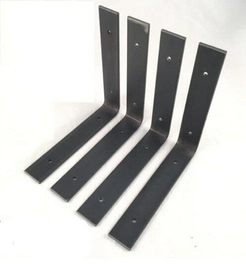 four "L" shaped, angle steel brackets at a wide angle. Each bracket has two holes on each eight inch side.