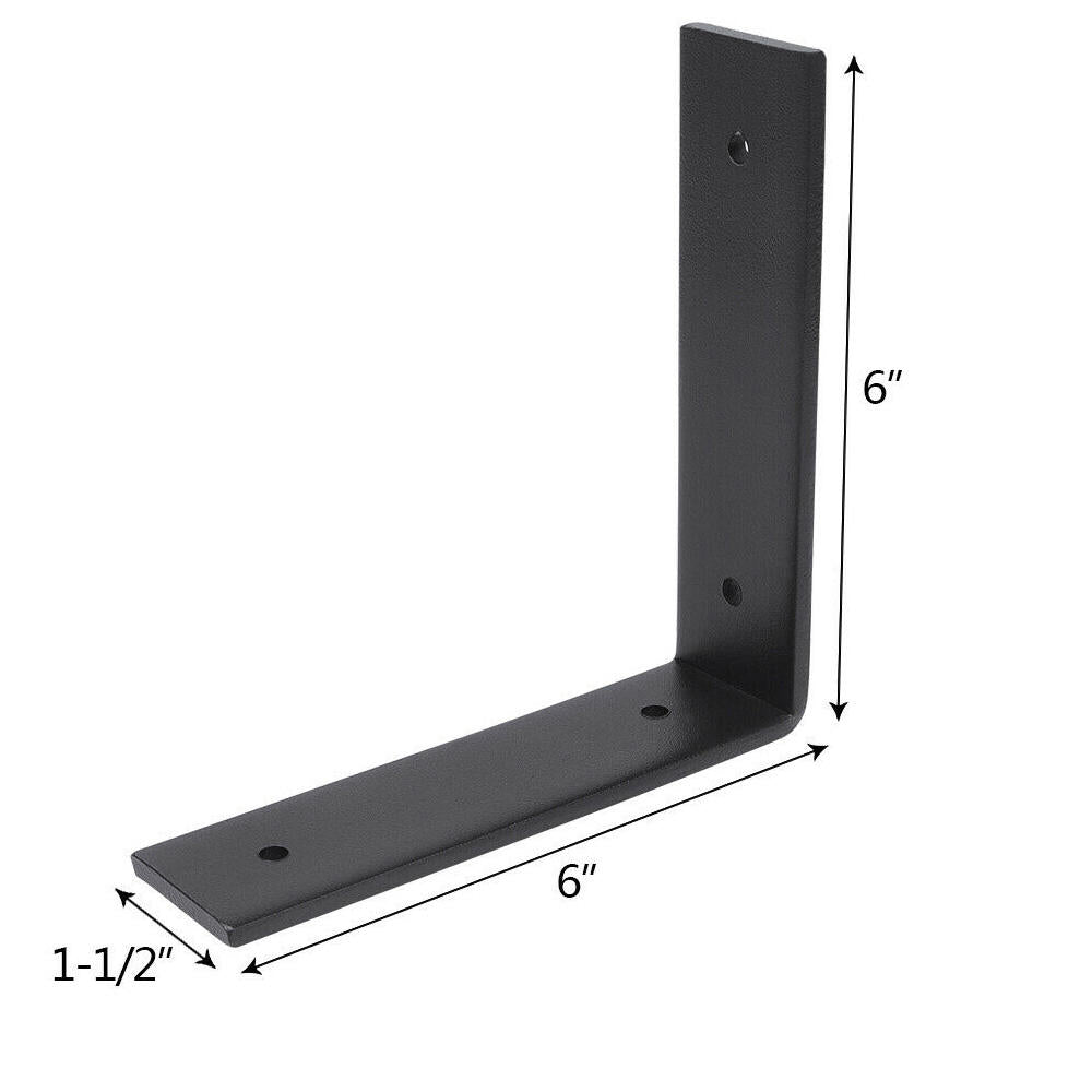 set of two "L" shaped, angle steel brackets. Each bracket has two holes on each six inch side. Text shows six in height, depth, and one and half inch width.