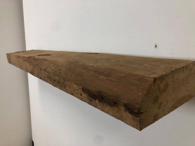 48" Reclaimed Barn Wood Fireplace Mantel Shelf - 3x8 on white close up right side