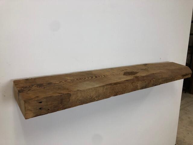 48" Reclaimed Barn Wood Fireplace Mantel Shelf - 3x8 on white wall left angle view