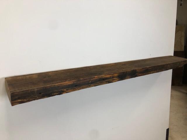66" Reclaimed Barn Wood Fireplace Mantel Shelf - 3x8  on white wall left angle view