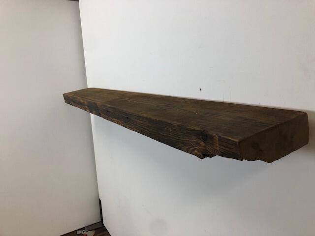 66" Reclaimed Barn Wood Fireplace Mantel Shelf - 3x8  on white wall right angle view close up
