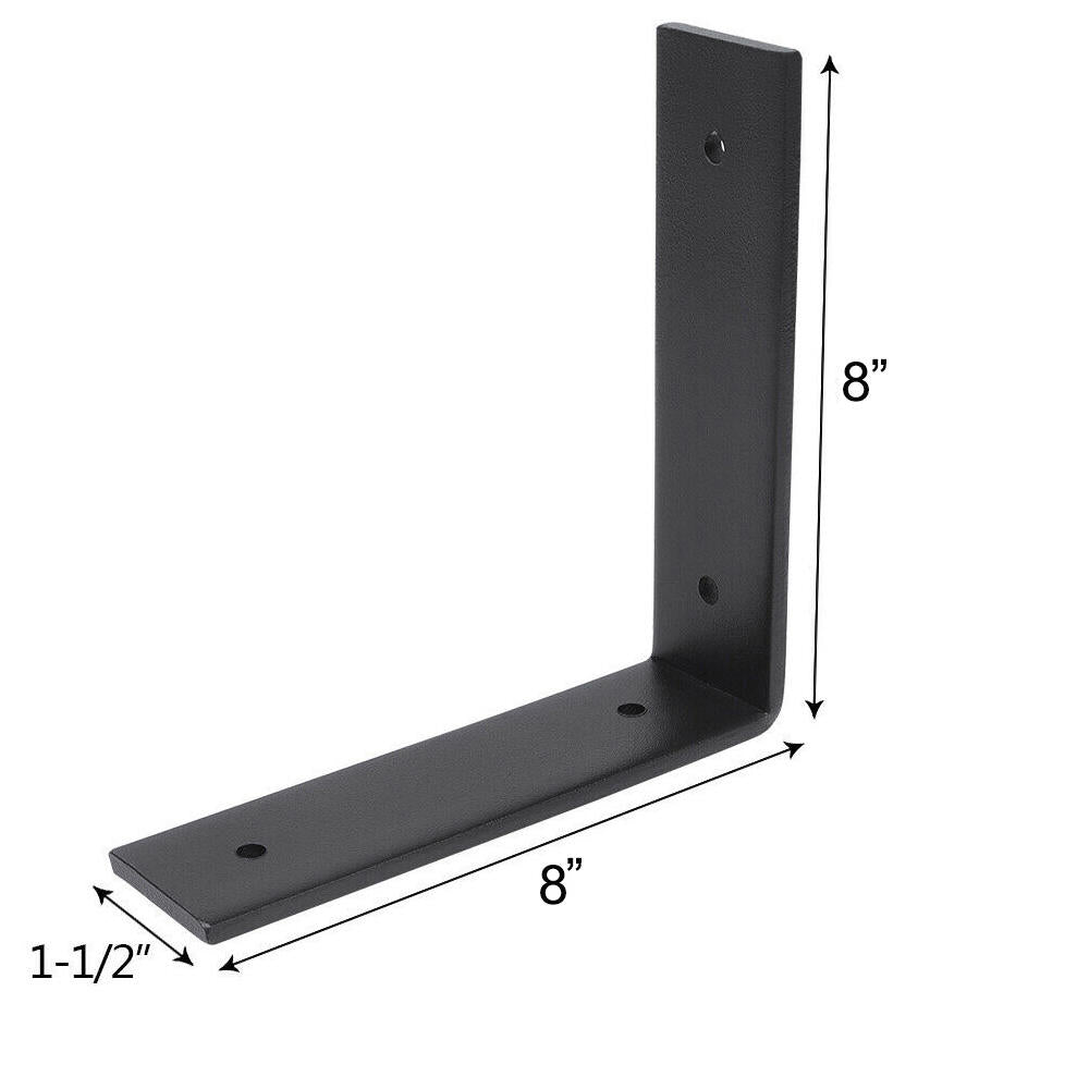 set of two "L" shaped, angle steel brackets. Each bracket has two holes on each eight inch side. Text reads eight inches high, eight inches deep, and one and a half inches wide.