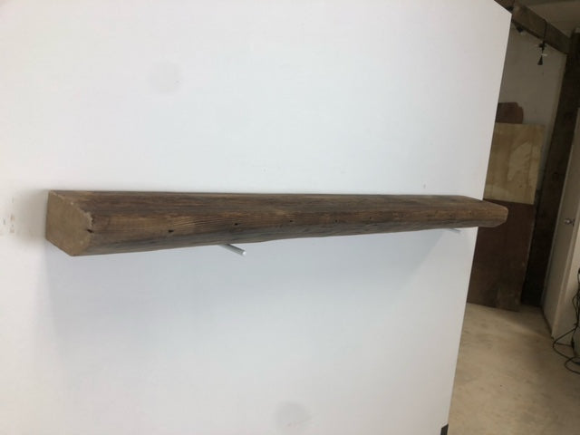 54" Reclaimed Barn Wood Fireplace Mantel Shelf - 3x7 on white left angle view