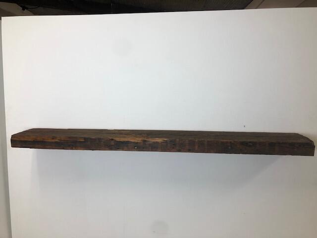 60" Reclaimed Barn Wood Fireplace Mantel Shelf - 3x8 on white wall front view