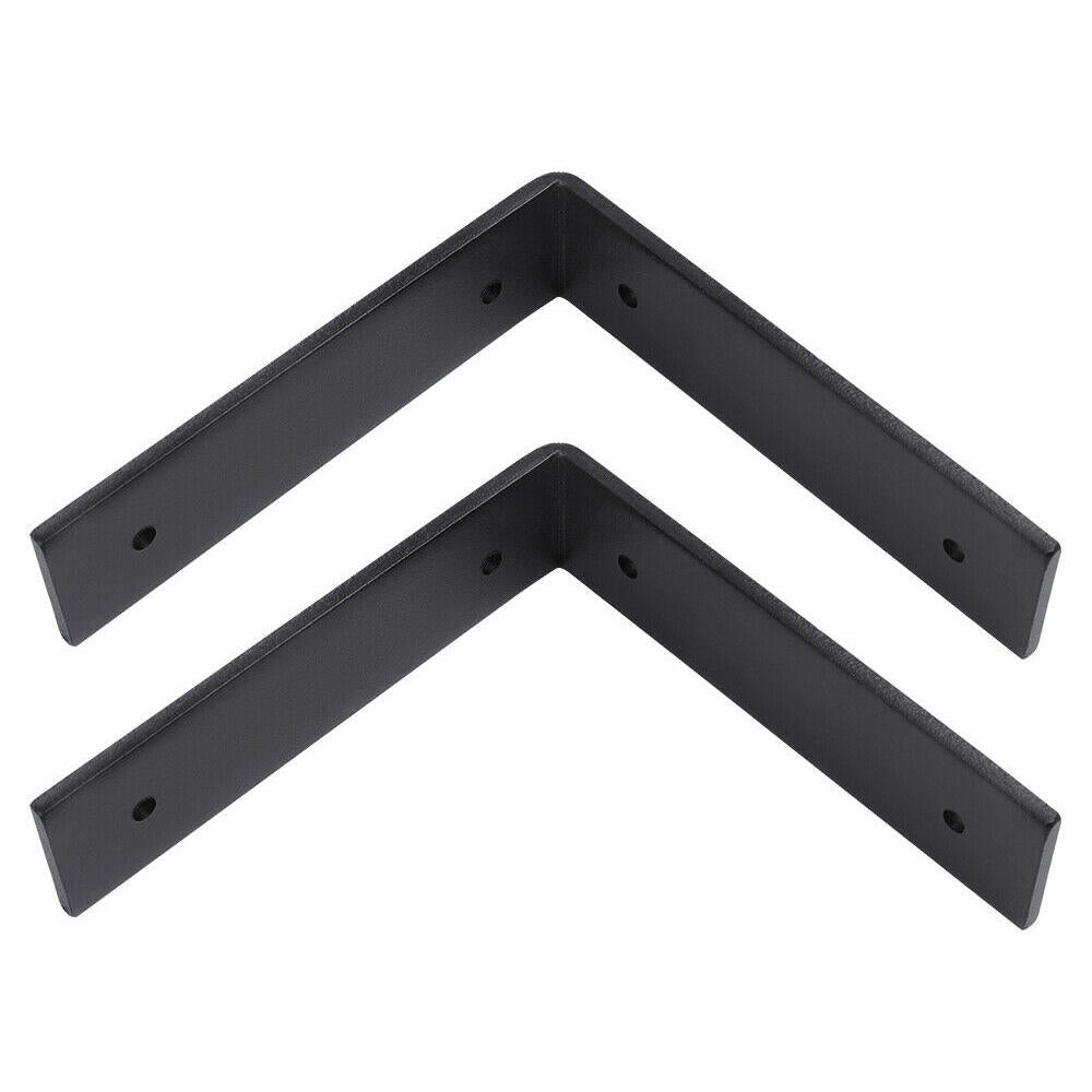 set of two "L" shaped, angle steel brackets. Each bracket has two holes on each eight inch side.