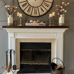 Reclaimed Wood Mantel  in vintage style home with decor and clock above