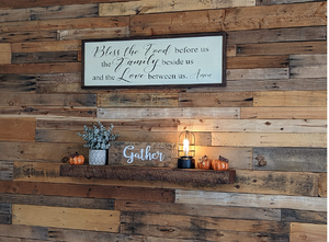 Reclaimed Wood Shelf wit decor on top and picture with text above 