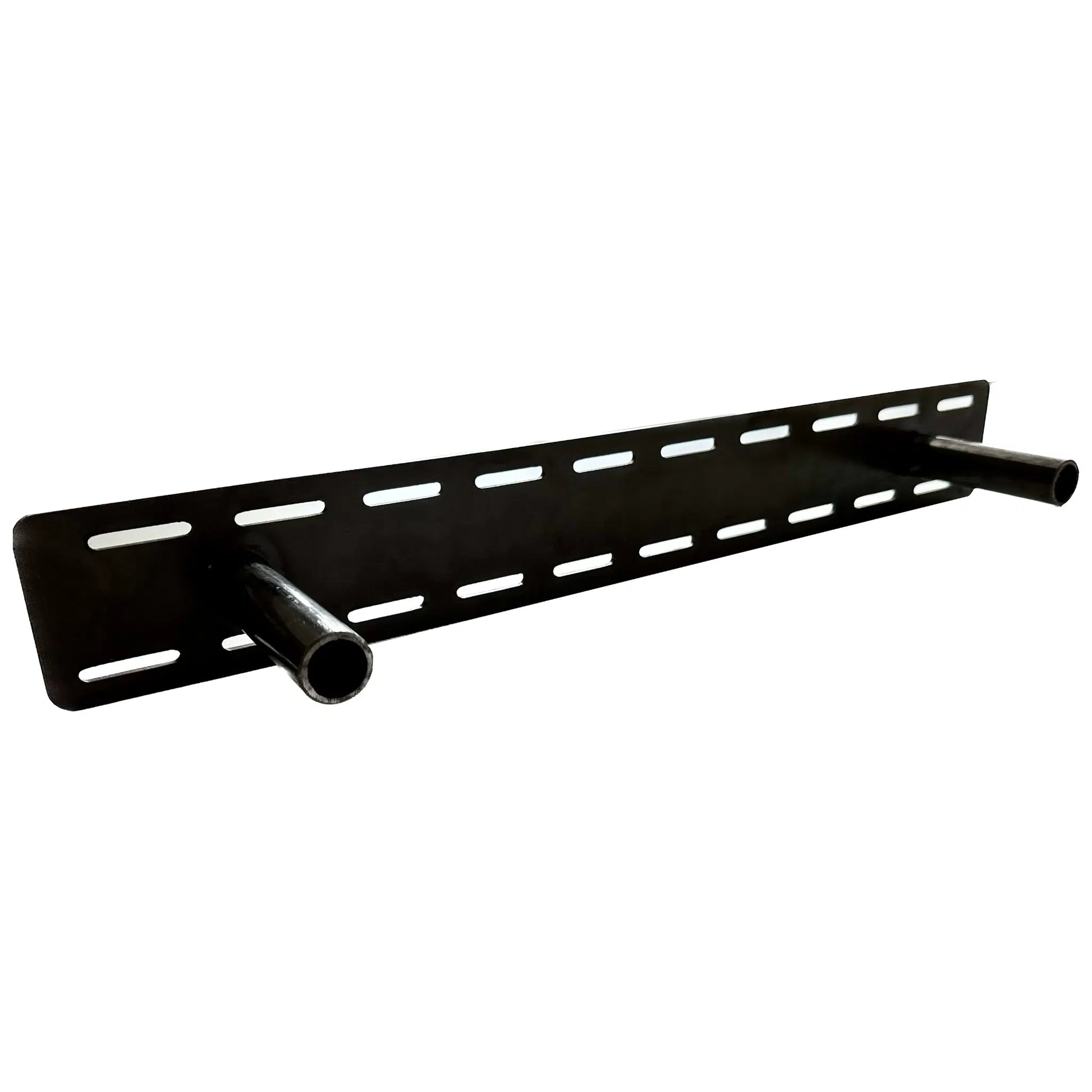 steel floating bracket with a plate on the back and slots for screws around perimeter of plate. Two rods extend out from plate that will go into mantel or shelf for mounting.