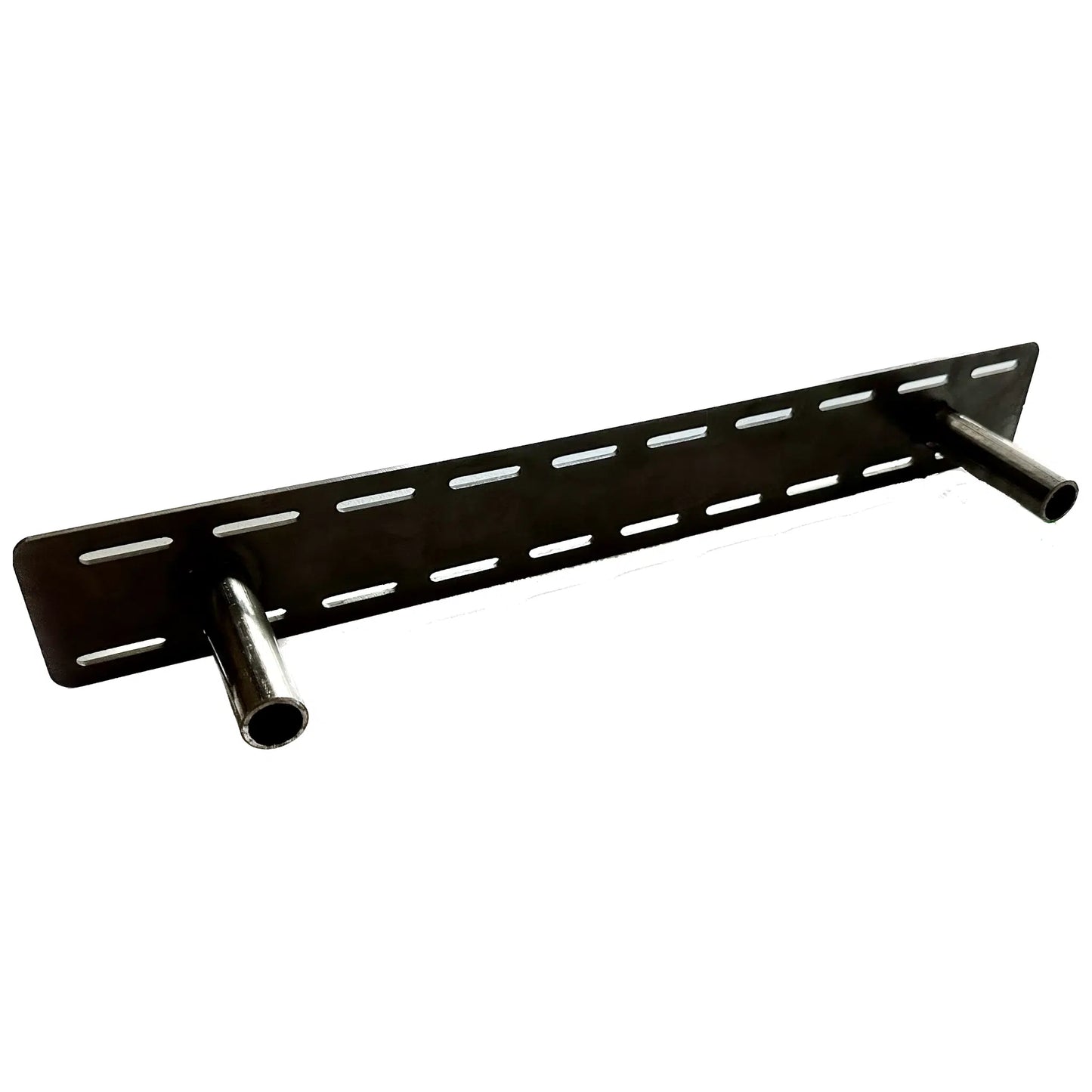 steel floating bracket with a plate on the back and slots for screws around perimeter of plate. Two rods extend out from plate that will go into mantel or shelf for mounting.