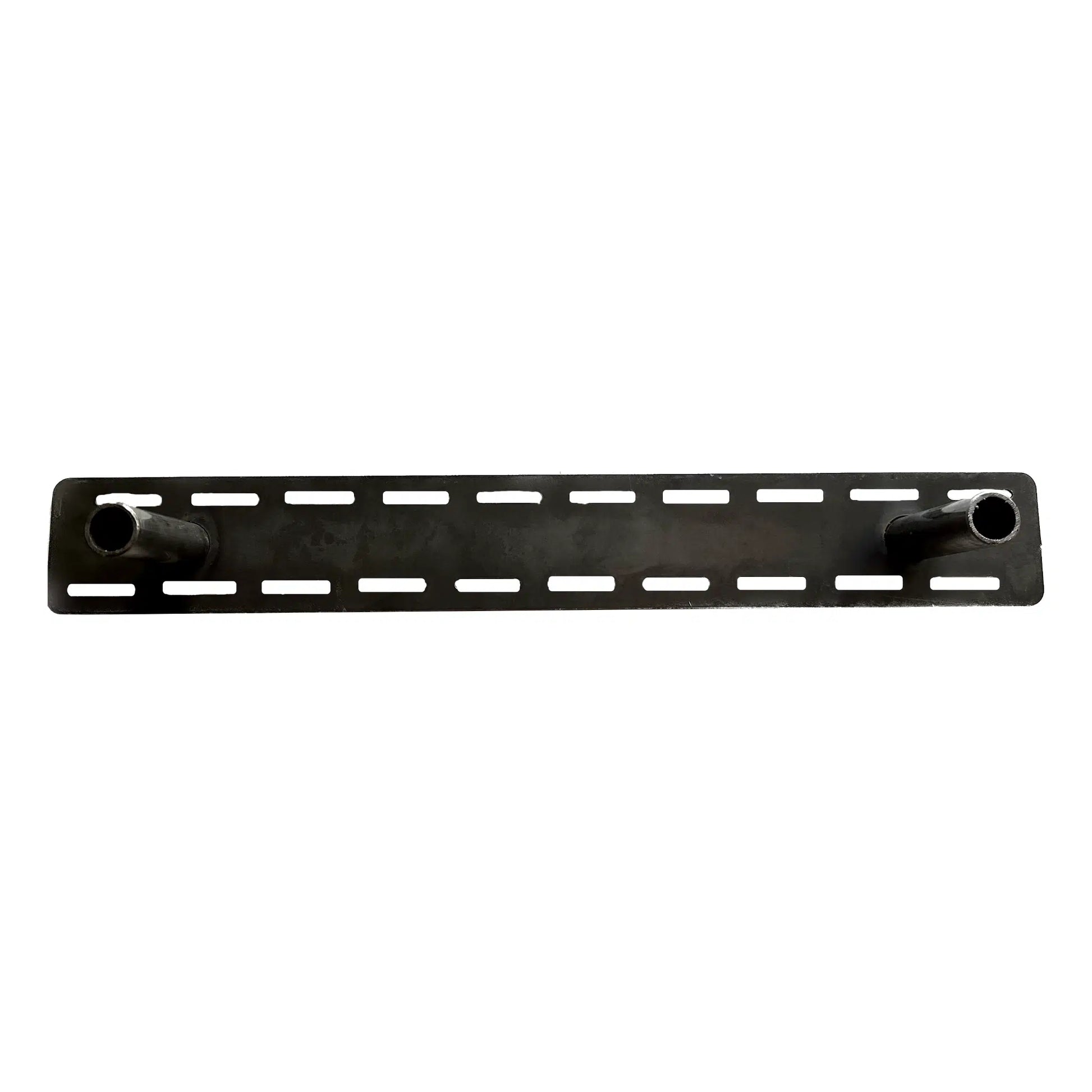 steel floating bracket shown face forward with a plate on the back and slots for screws around perimeter of plate. Two rods extend out from plate that will go into mantel or shelf for mounting.