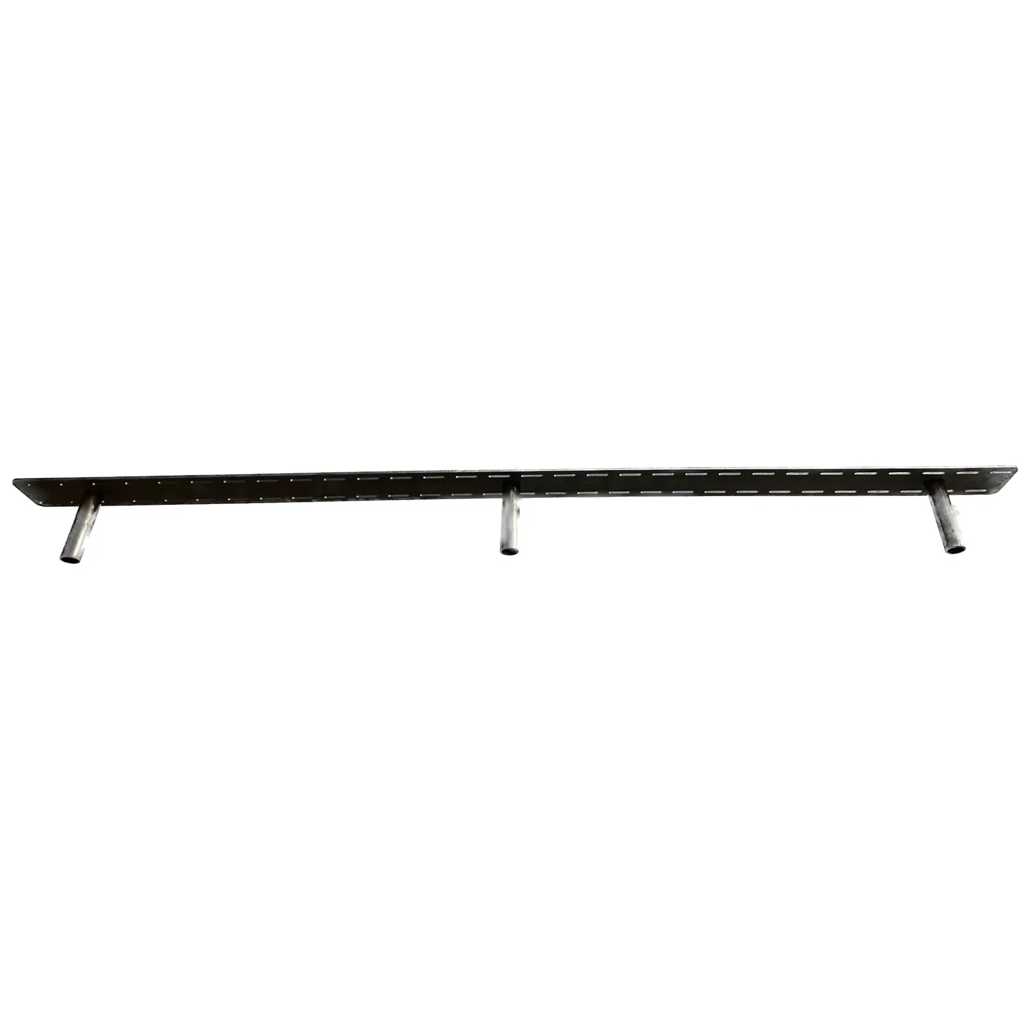steel floating bracket with a plate on the back and slots for screws around the perimeter of the plate. Three rods extend out from the plate that will go into the mantel or shelf for mounting.