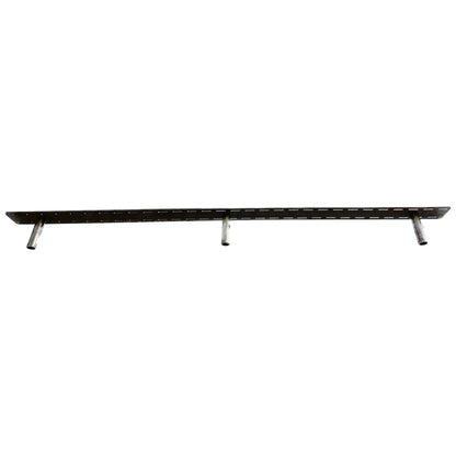 steel floating bracket shown top view with a plate on the back and slots for screws around the perimeter of the plate. Three rods extend out from the plate that will go into the mantel or shelf for mounting.