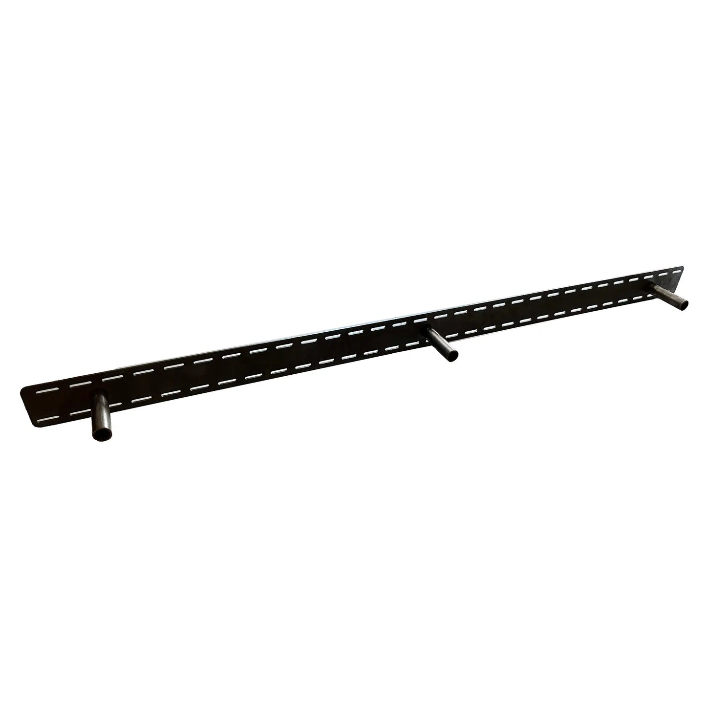 steel floating bracket with a plate on the back and slots for screws around the perimeter of the plate. Three rods extend out from the plate that will go into the mantel or shelf for mounting.