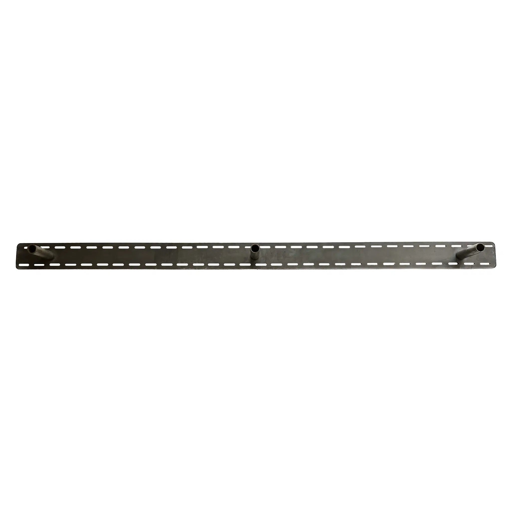 steel floating bracket with a plate on the back and slots for screws around the perimeter of the plate. Three rods extend out from the plate that will go into the mantel or shelf for mounting.