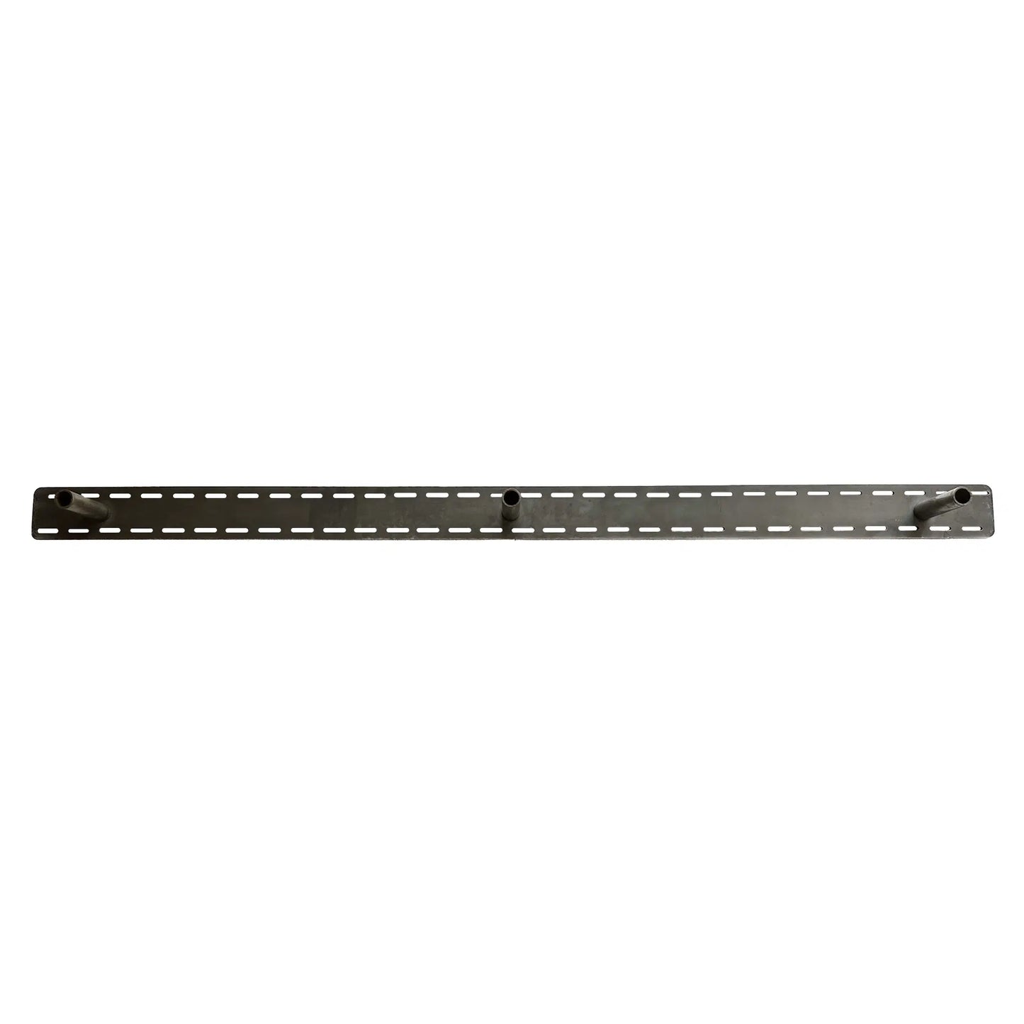 steel floating bracket  shown face forward with a plate on the back and slots for screws around the perimeter of the plate. Three rods extend out from the plate that will go into the mantel or shelf for mounting.