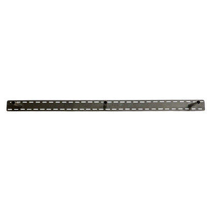 steel floating bracket  shown face forward with a plate on the back and slots for screws around the perimeter of the plate. Three rods extend out from the plate that will go into the mantel or shelf for mounting.
