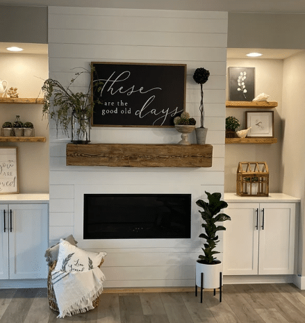 Hand-hewn reclaimed wood fireplace mantel