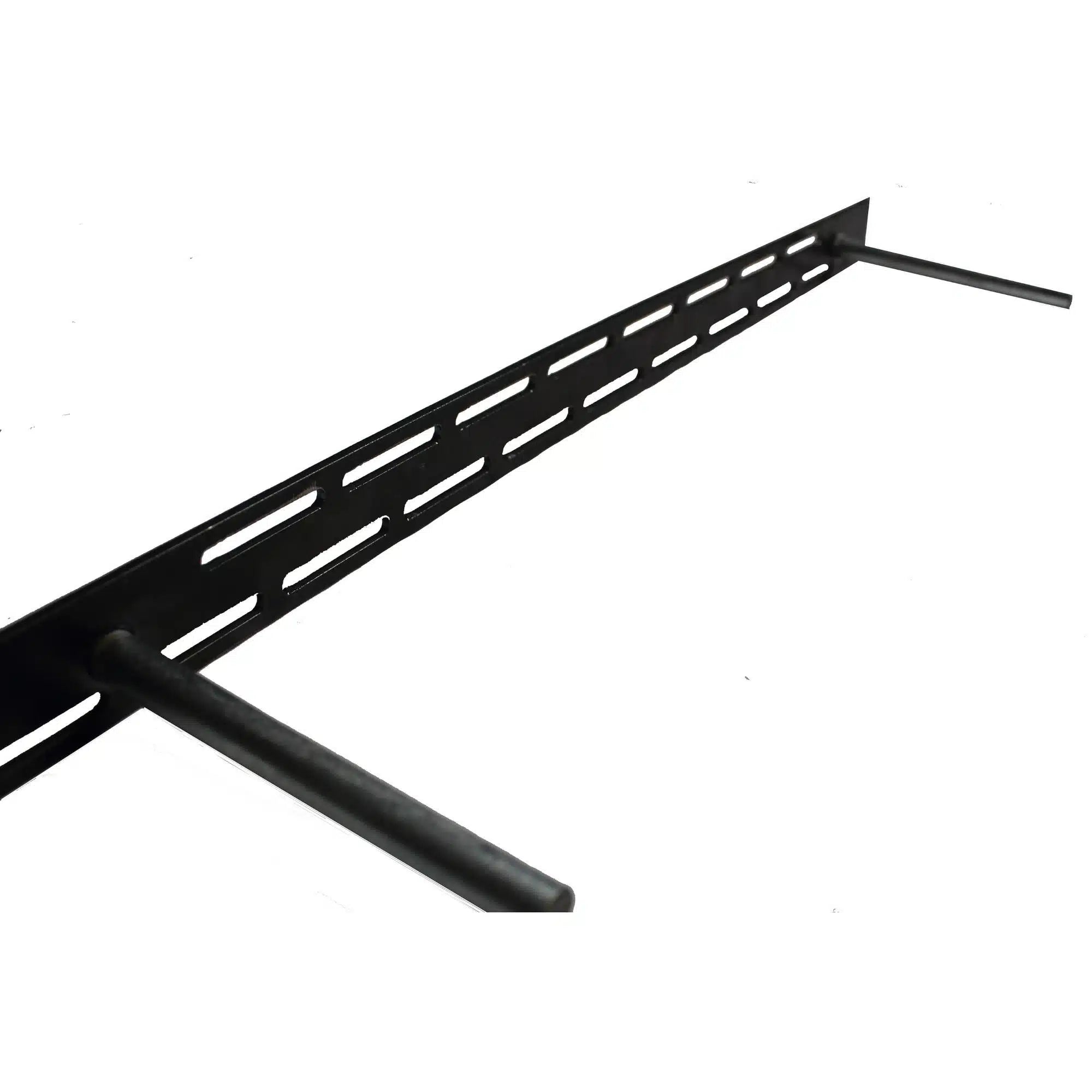 steel floating bracket with a plate on the back and slots for screws around the perimeter of the plate. Two rods extend out from the plate that will go into the mantel or shelf for mounting.