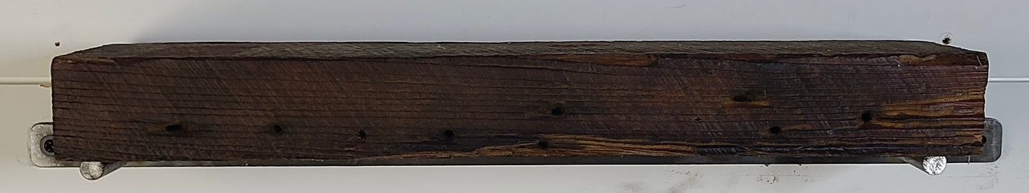 18" Reclaimed Barn Wood Fireplace Mantel Shelf - 2x6 Oil on white wall front view close up