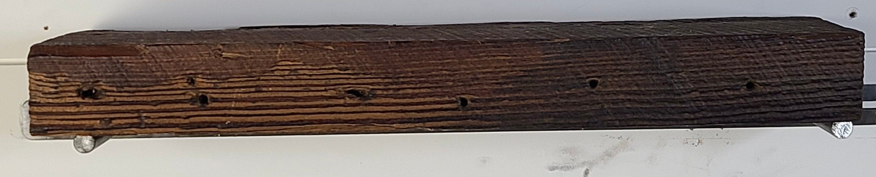 18" Reclaimed Barn Wood Fireplace Mantel Shelf - 2x6 Oil on white wall  close up