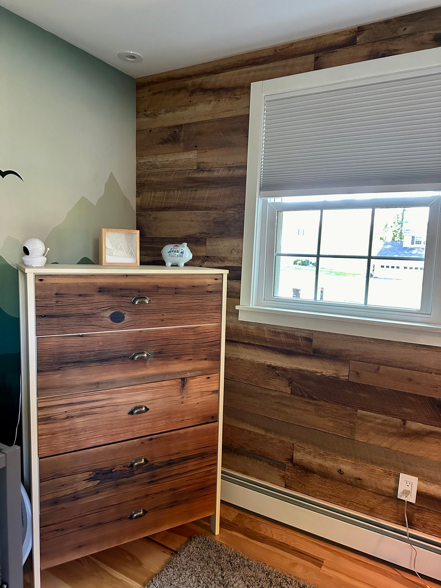 Mixed Species Brown Barnwood Paneling | Reclaimed Wood Wall Planks on accent wall in room with dresser in corner