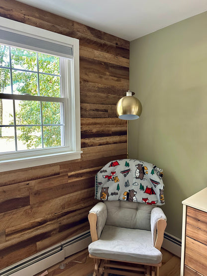 Mixed Species Brown Barnwood Paneling | Reclaimed Wood Wall Planks on accent wall with chair and light in corner