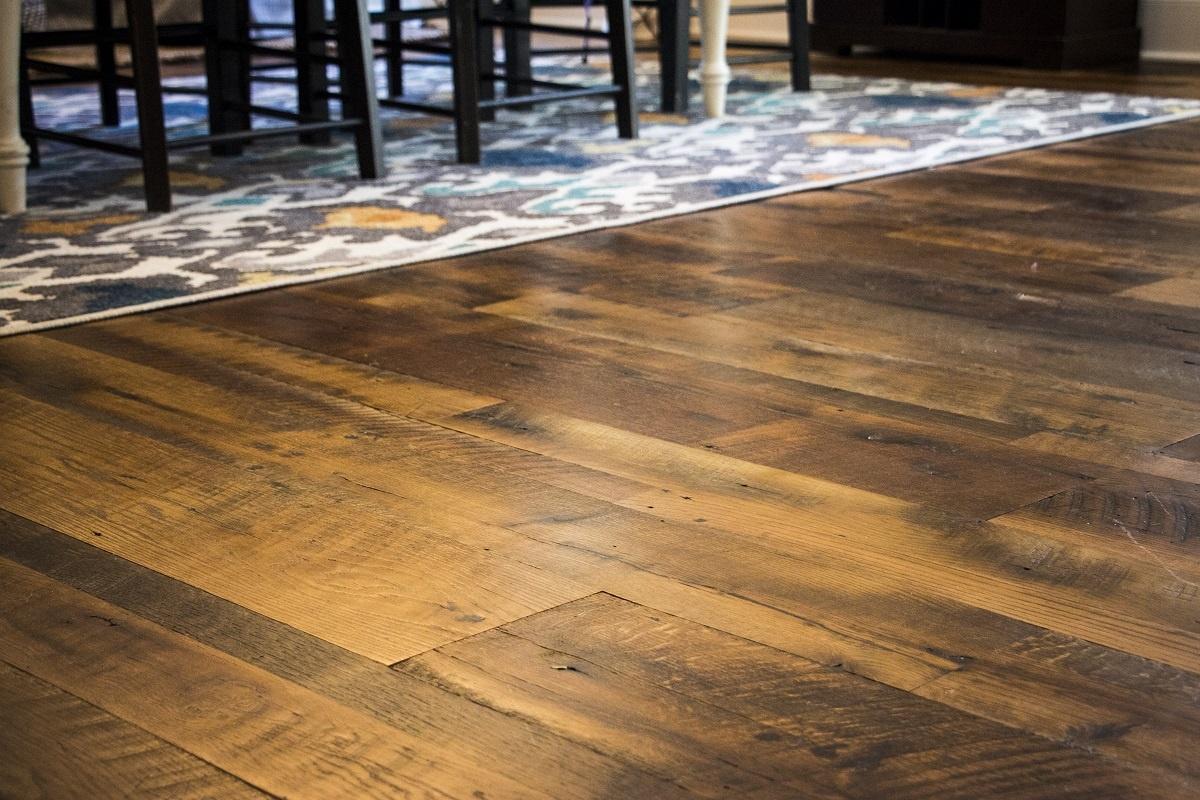 close up of Heartland Barnwood Oak Red & White Mixed Skip-Planed Brown wood flooring