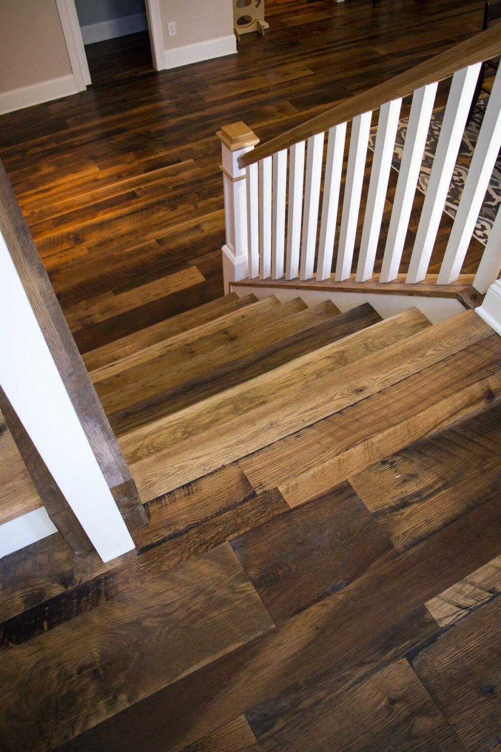 Heartland Barnwood Oak Red & White Mixed Skip-Planed Brown wood flooring used in stair well and staris