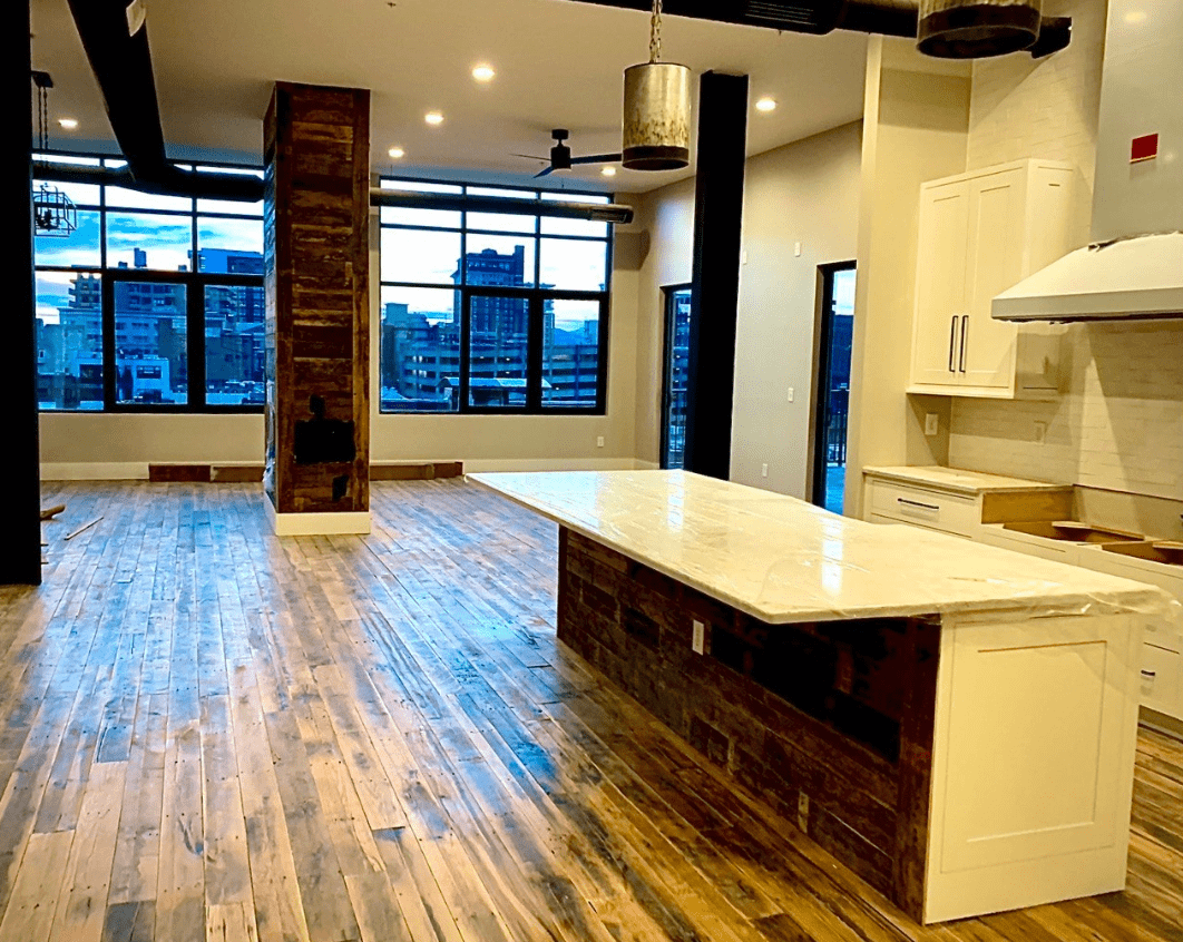 Reclaimed Industrial Oak Engineered Flooring in modern kitchen
