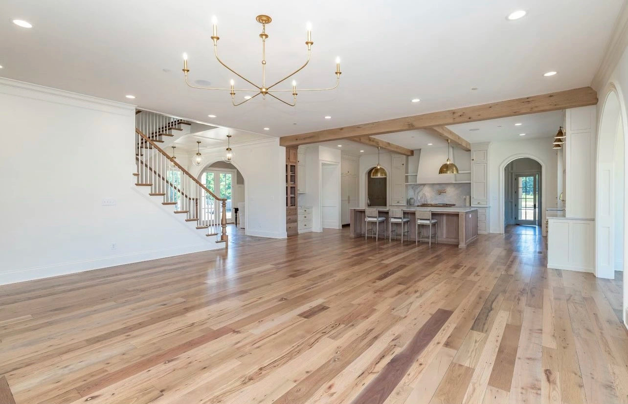 Heartland Barnwood Oak Red & White Mixed Clean Face wood flooring in living room looking towards kitchen 2