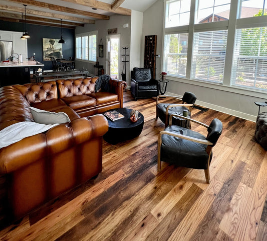 Racehorse Oak Red & White Mix Skip/Wire-Brushed flooring in living area with modern vintage furniture