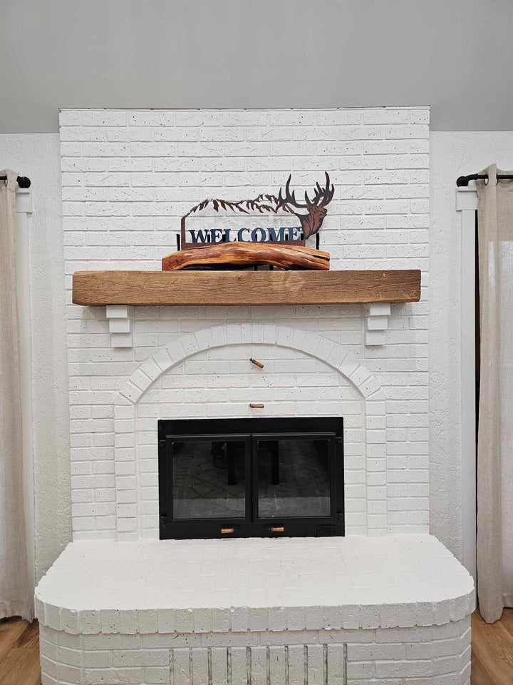 Six-inch saw-cut reclaimed wood fireplace mantel