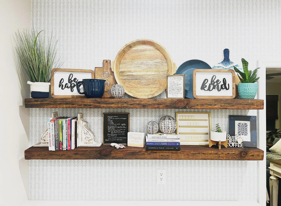 Two by eight authentic reclaimed wood floating shelf
