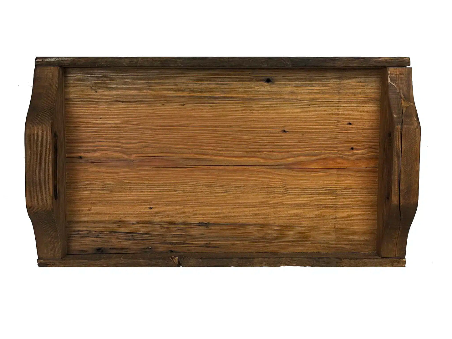 serving tray in a top down view. Displayed are the woods grain pattern, nail holes, and a characteristic called checking with looks like small cracks.