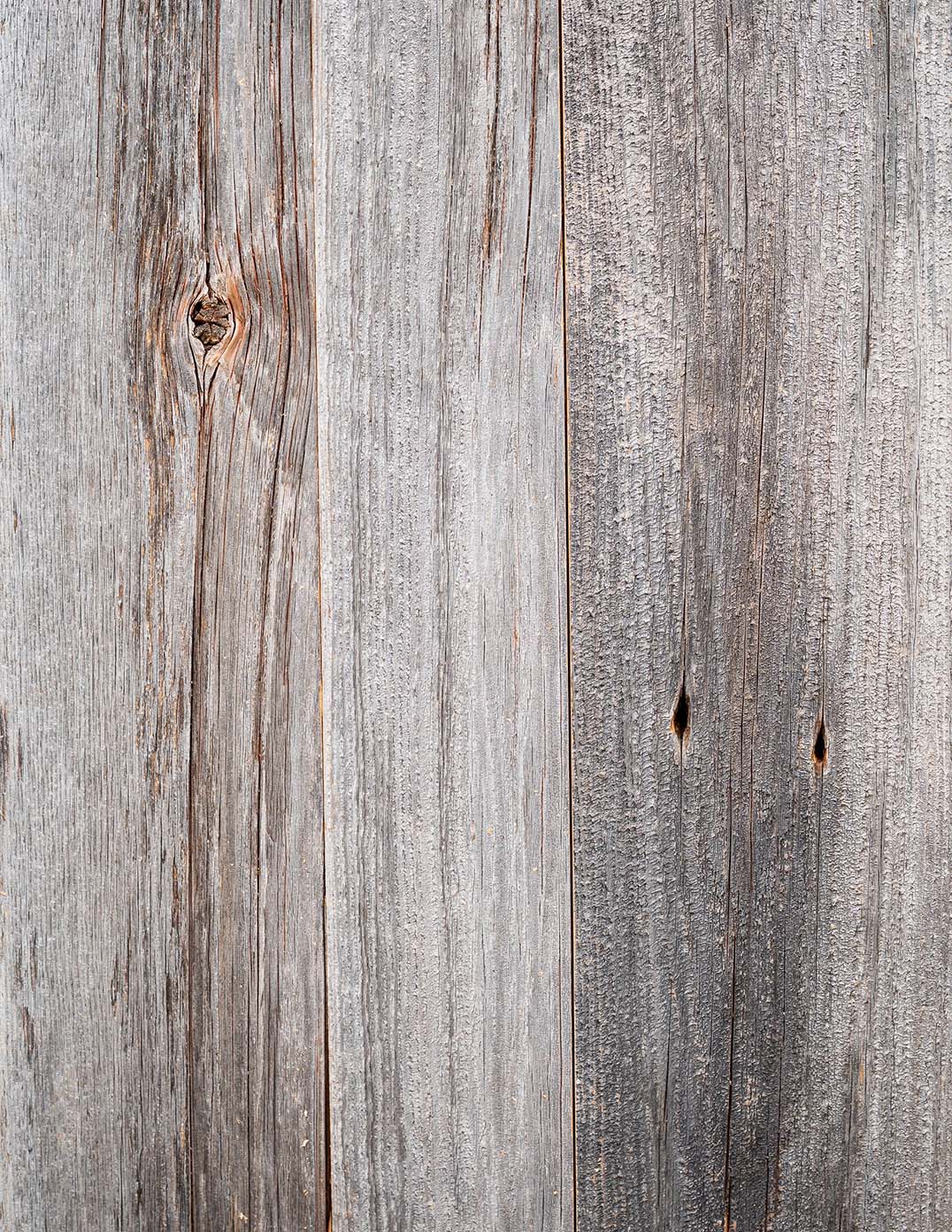 close up of weathered grey barnwood paneling. Shows color variations, texture, knots, and nail holes in the wood.