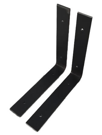 set of two "L" shaped, angle steel brackets at a wide angle. Each bracket has two holes on each eight inch side.