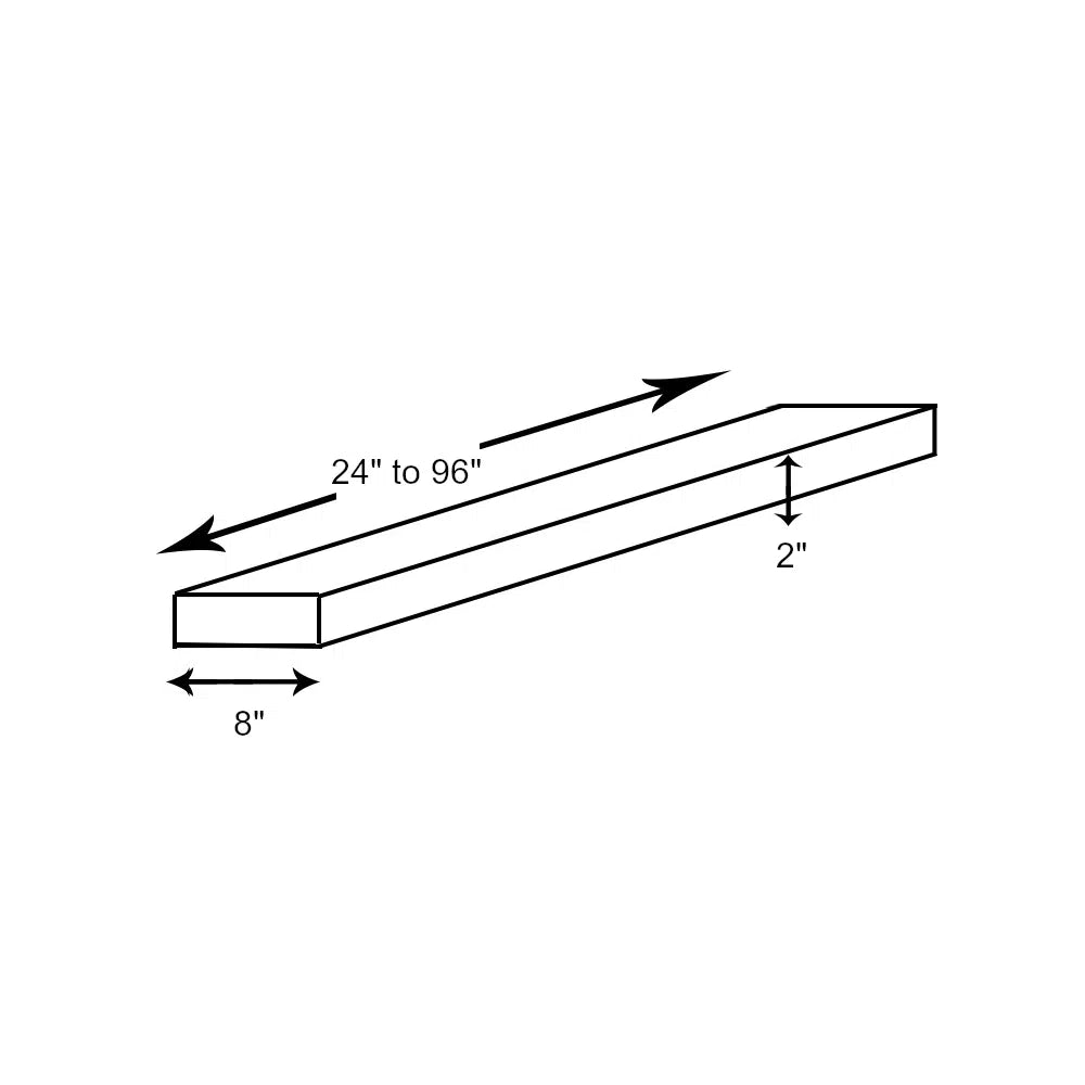 graphic showing dimensions of shelves. Graphic shows twenty four to ninety six inches long, eight inches deep, and two inches thick.
