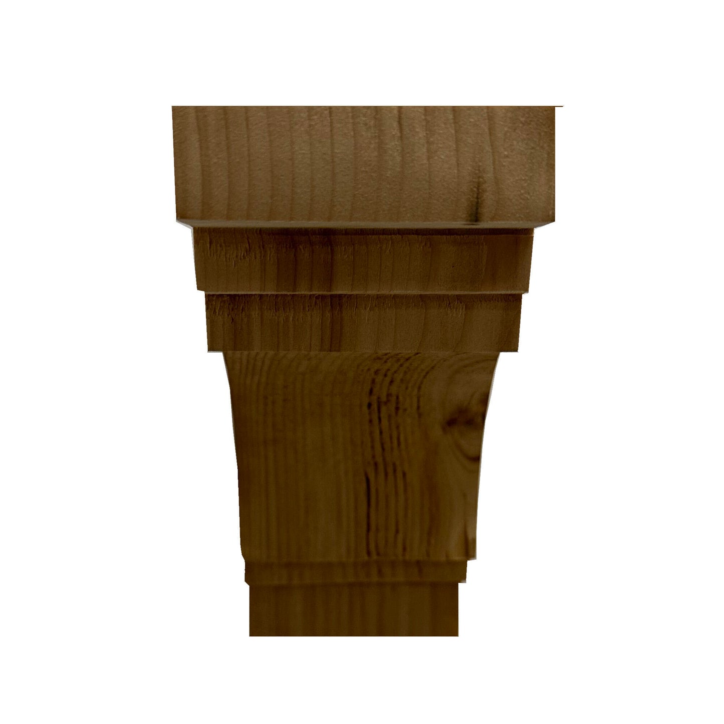 front view of the corbel showing the steps along with the arch. Grain patterns are displayed in the wood.