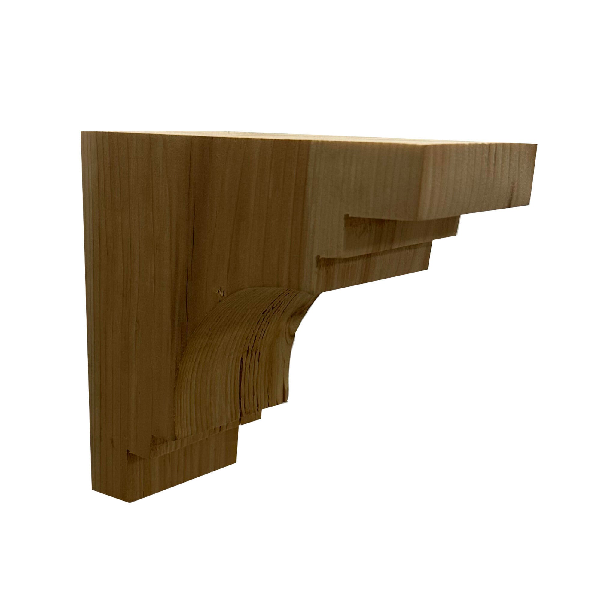 decorative corbel made from reclaimed barnwood. Wood grain displayed on the side and corbel shown in a decorative profile. There are three small steps at the top of the corbel before the arch. Below the arch is another two steps.