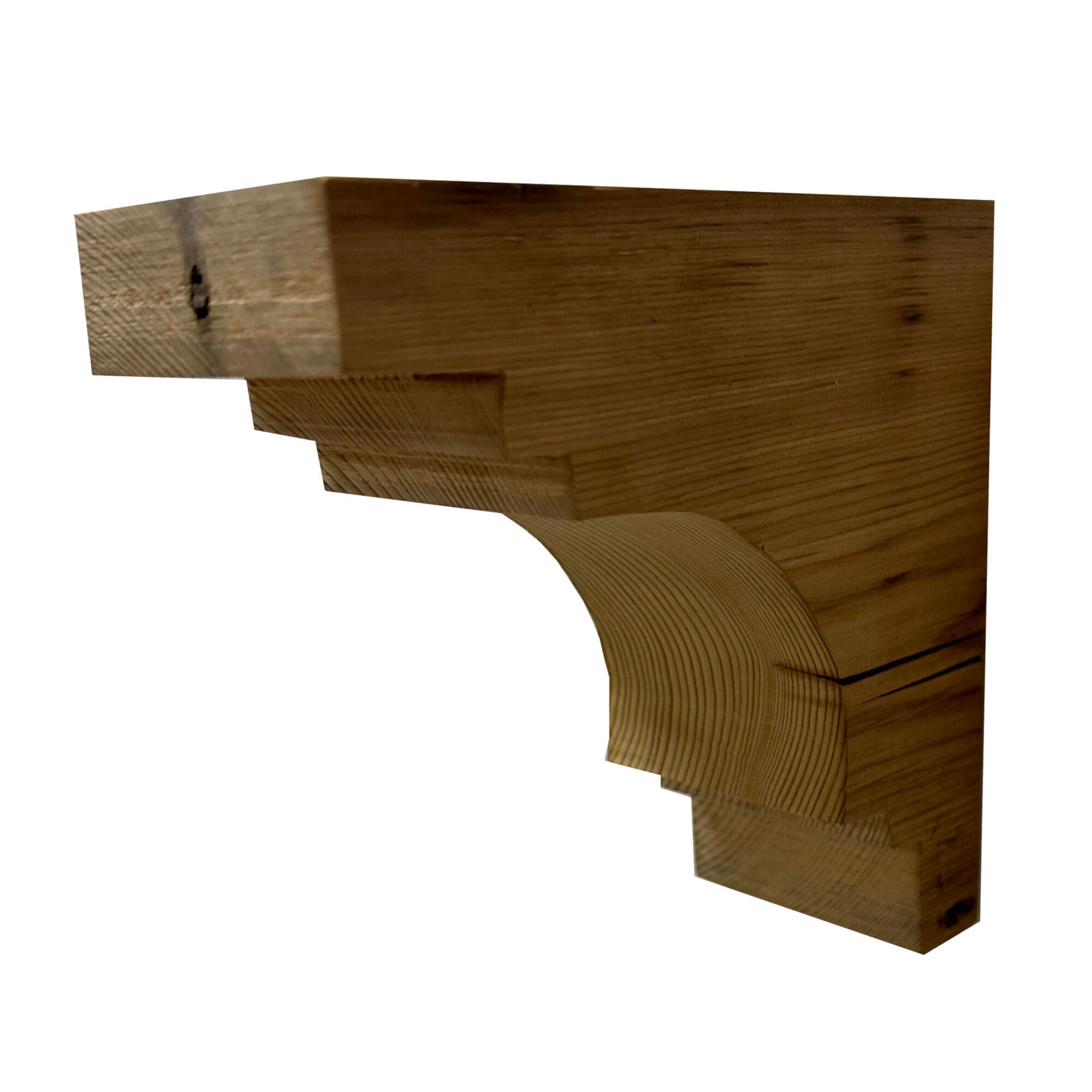 decorative corbel made from reclaimed barnwood. Wood grain displayed on the side and corbel shown in a decorative profile. There are three small steps at the top of the corbel before the arch. Below the arch is another two steps.