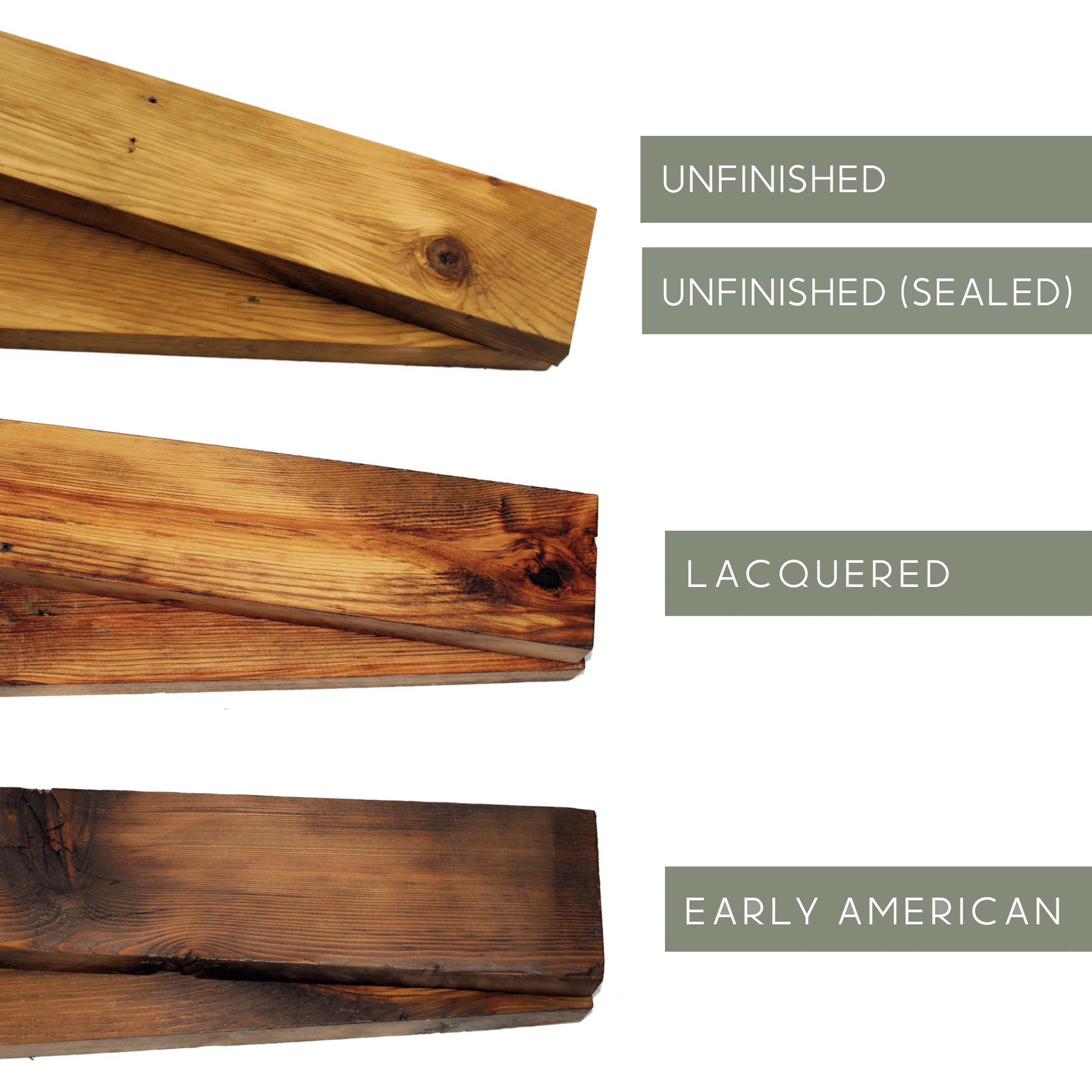 a graphic showing the difference in the finishes offered. Starting at the top is unfinished, unfinished sealed, lacquered, and early american.