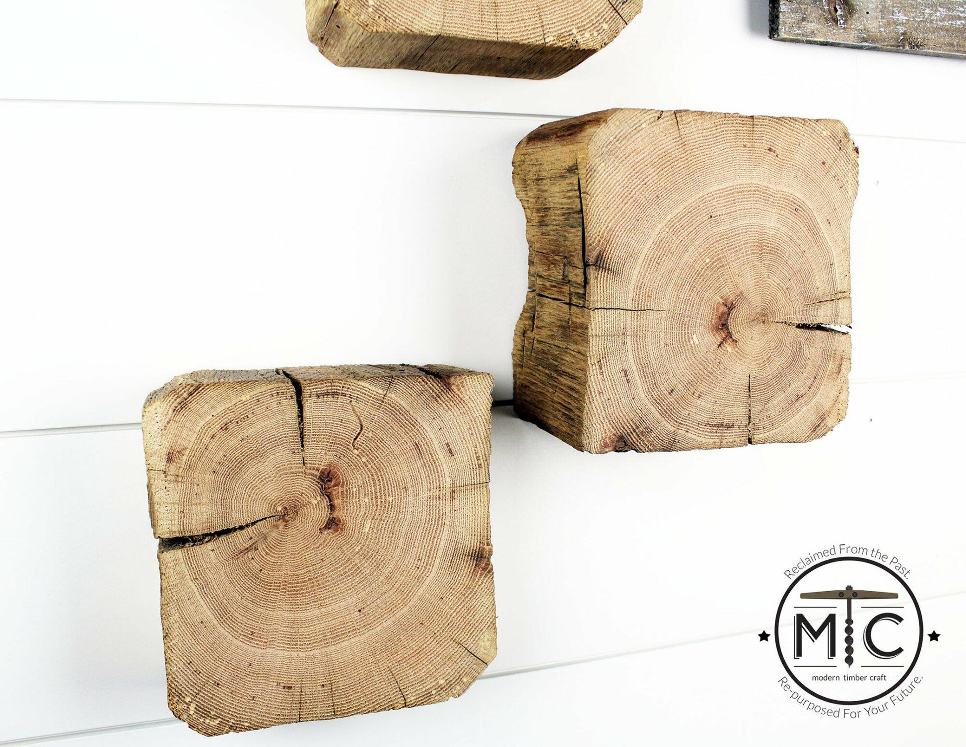a set of two reclaimed wood wall blocks. The front facing sides are a fresh cut end displaying the growth rings and checking in the wood.