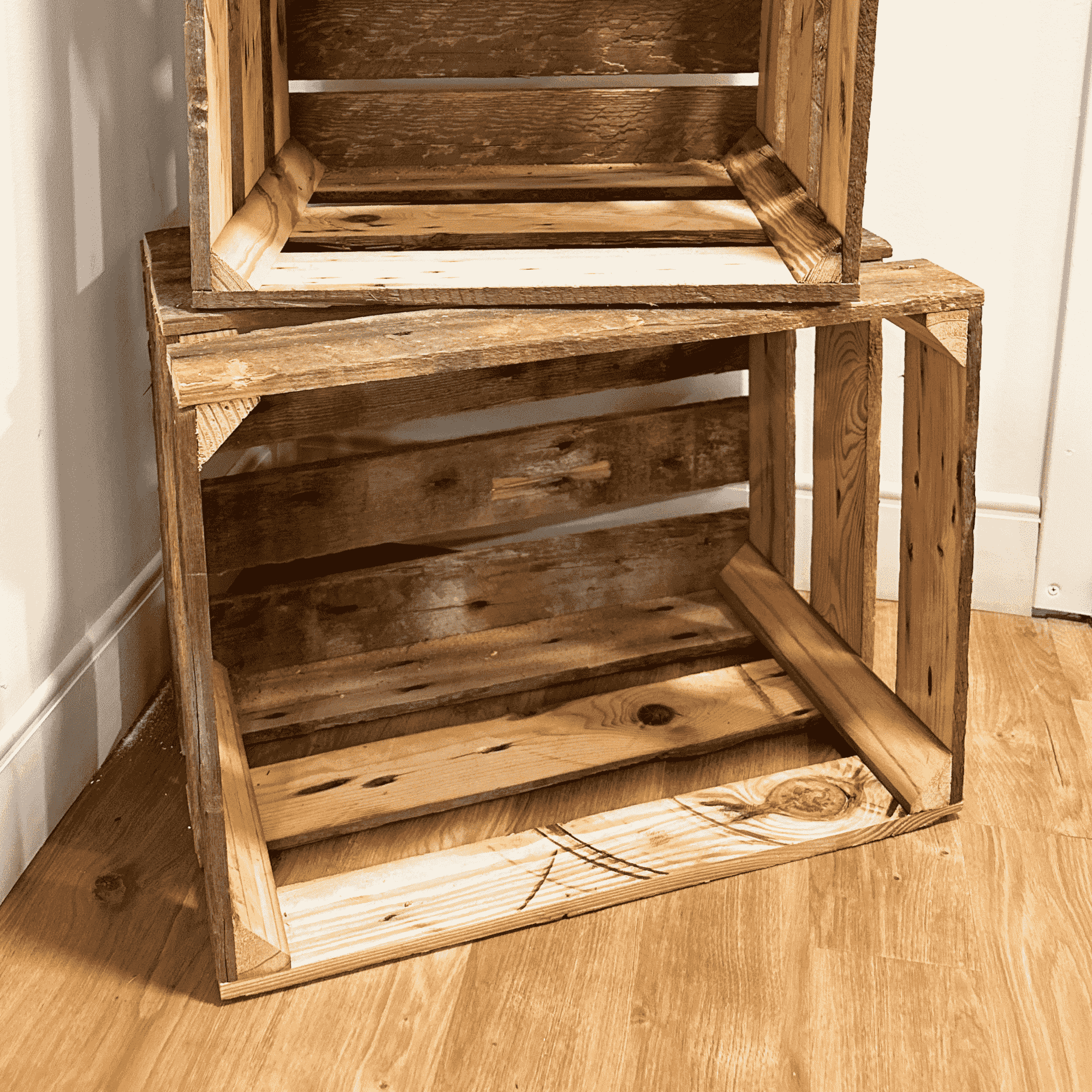 Rustic Wooden Crates Reclaimed Barn Wood Storage Boxes  in room close up