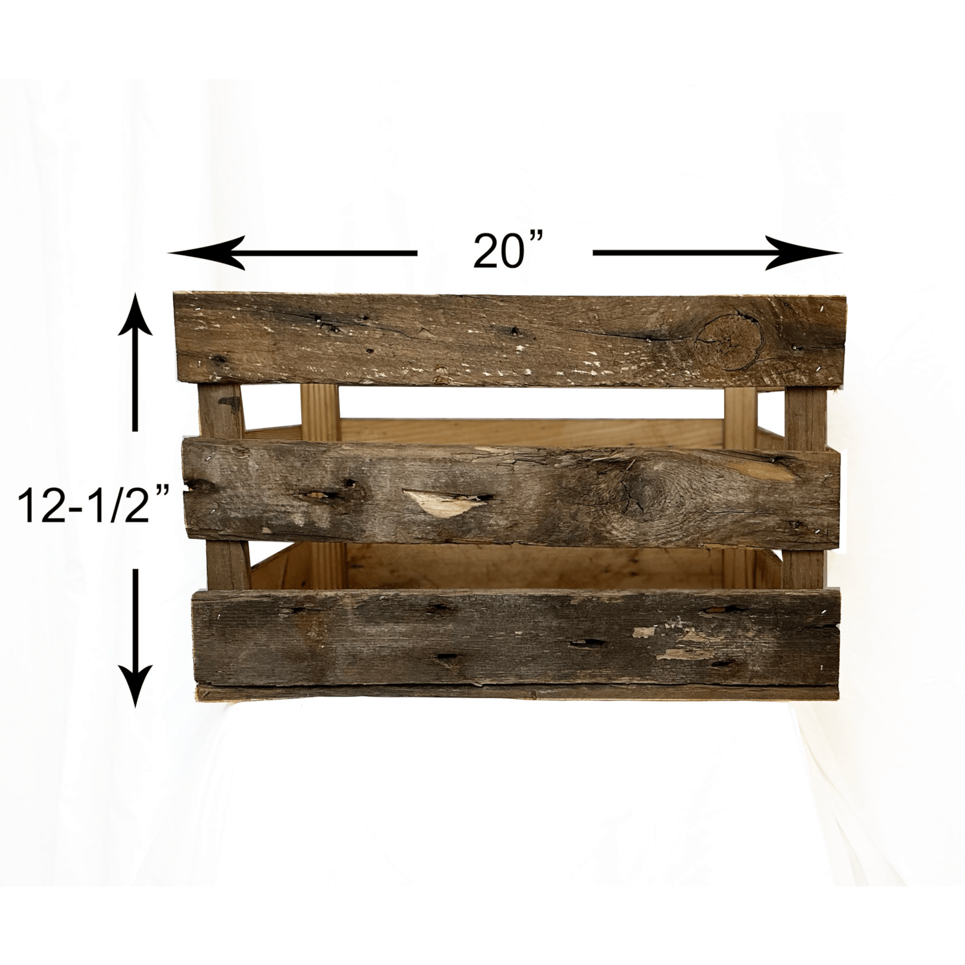 the side of a large wooden crate. Text across top shows twenty inches and text down shows twelve and a half inches. There are three slats with spaces in between.