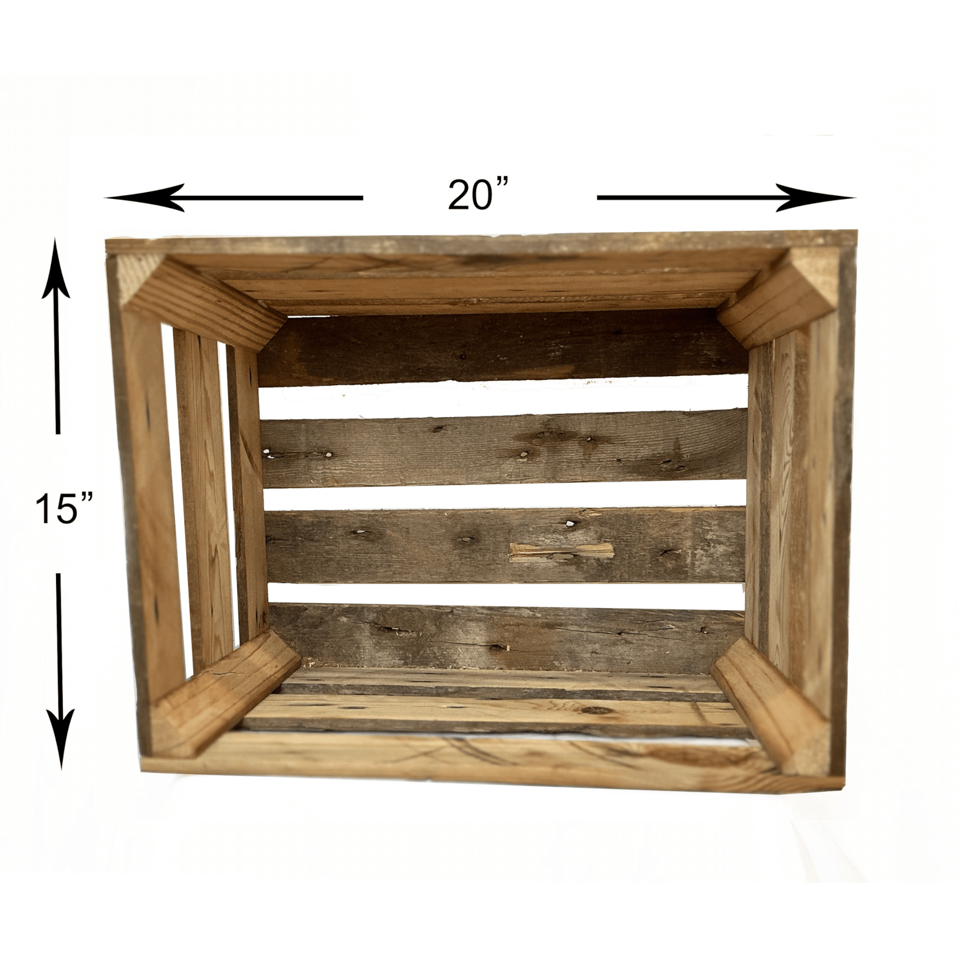 looking inside of a large wooden crate. Text across top shows twenty inches and text down shows fifteen inches. There are four slats across the bottom with spaces in between. Each corner has a support.