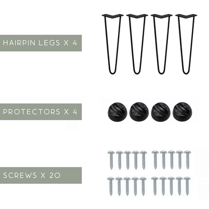 graphic showing hairpin legs, foot protectors, and screws that come with each table.